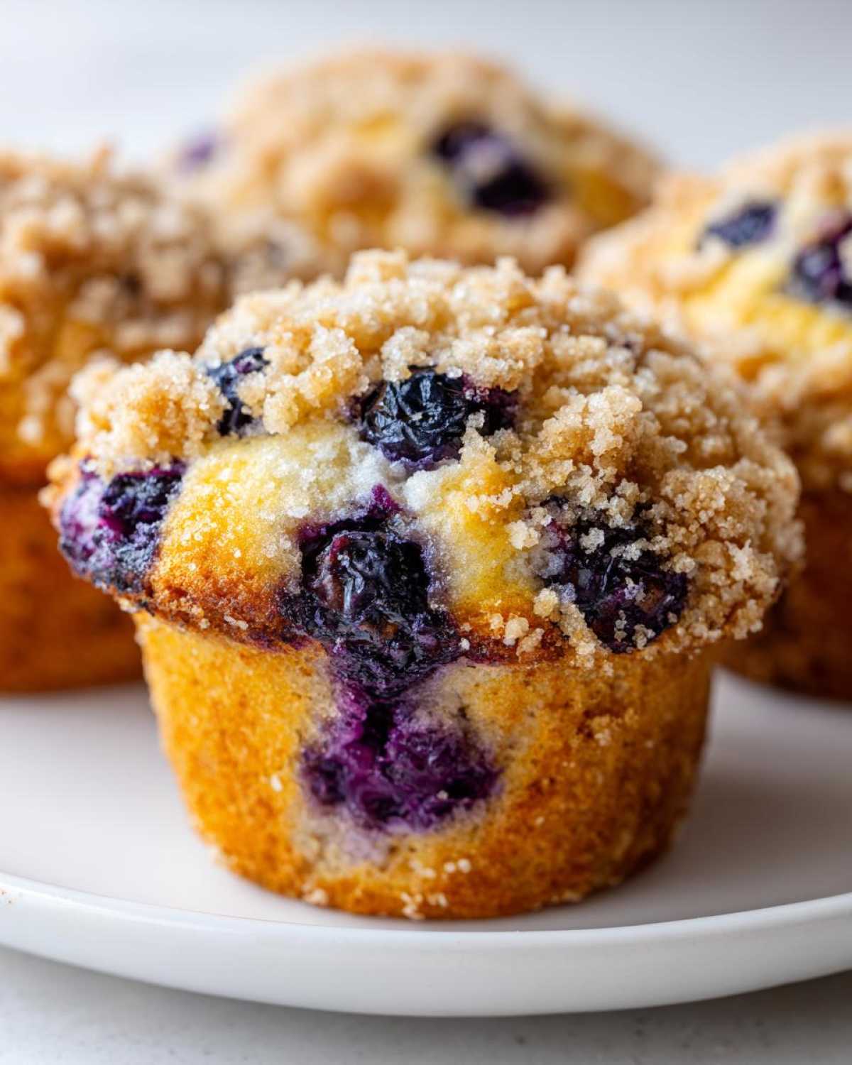 Close-up of a perfectly baked blueberry muffin featuring a golden top studded with blueberries and a crunchy streusel topping.