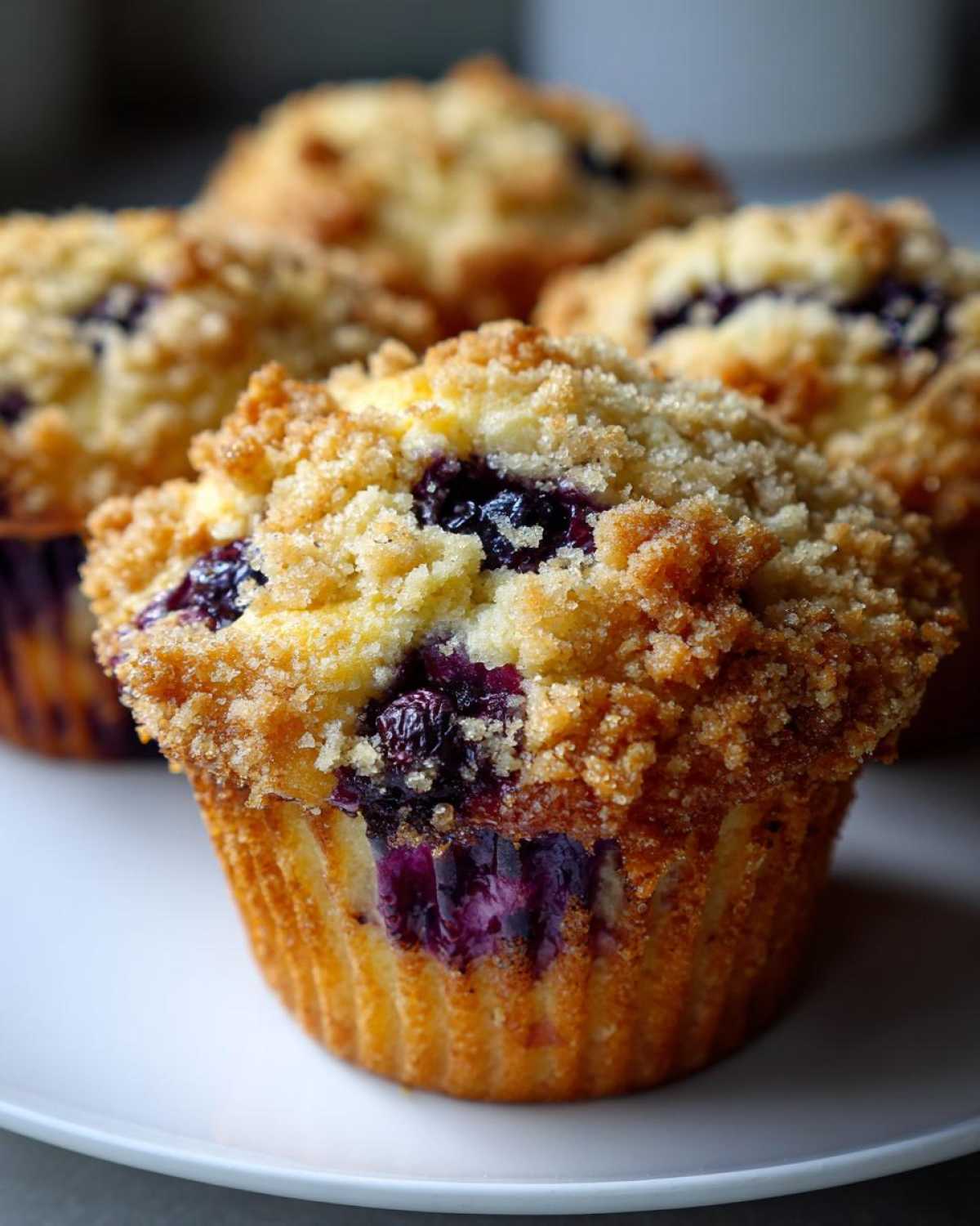 Close-up of a moist blueberry muffin featuring a generous, crunchy streusel topping and visible baked blueberries.