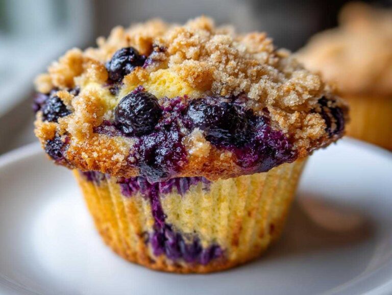Close-up of a delicious, moist blueberry muffin topped with a sugary crumb streusel.