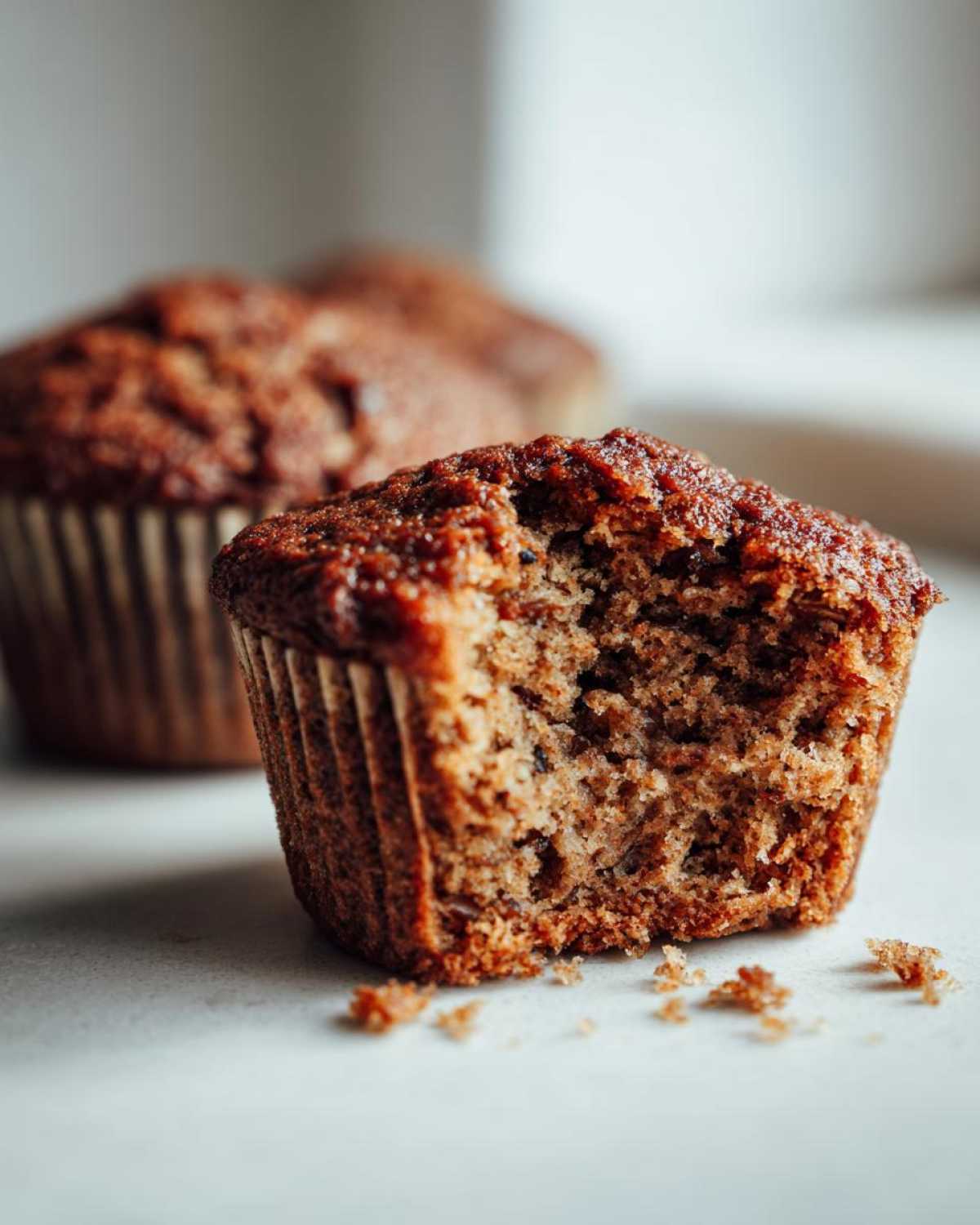 Close-up of a moist bran muffin with a bite taken out, showing the crumb texture.