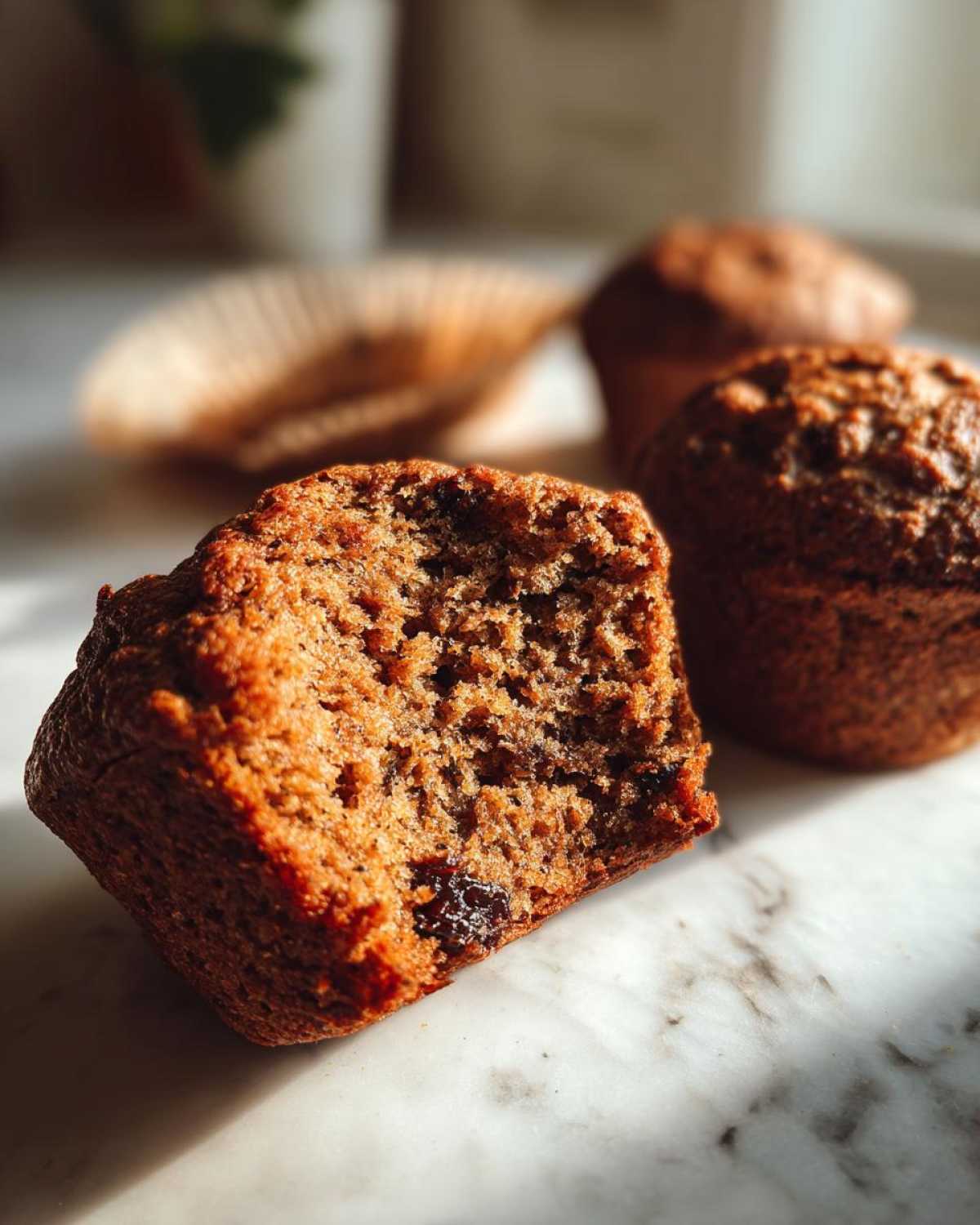 Close-up of a moist bran muffin cut in half showing the crumb texture and a raisin, with other bran muffins in the background.