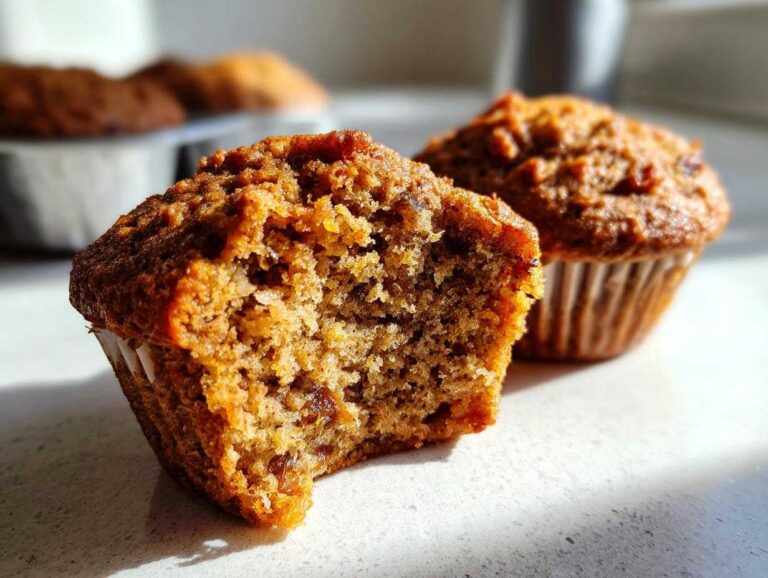 Close-up of a moist bran muffin broken in half showing the texture, with another whole bran muffin behind it.