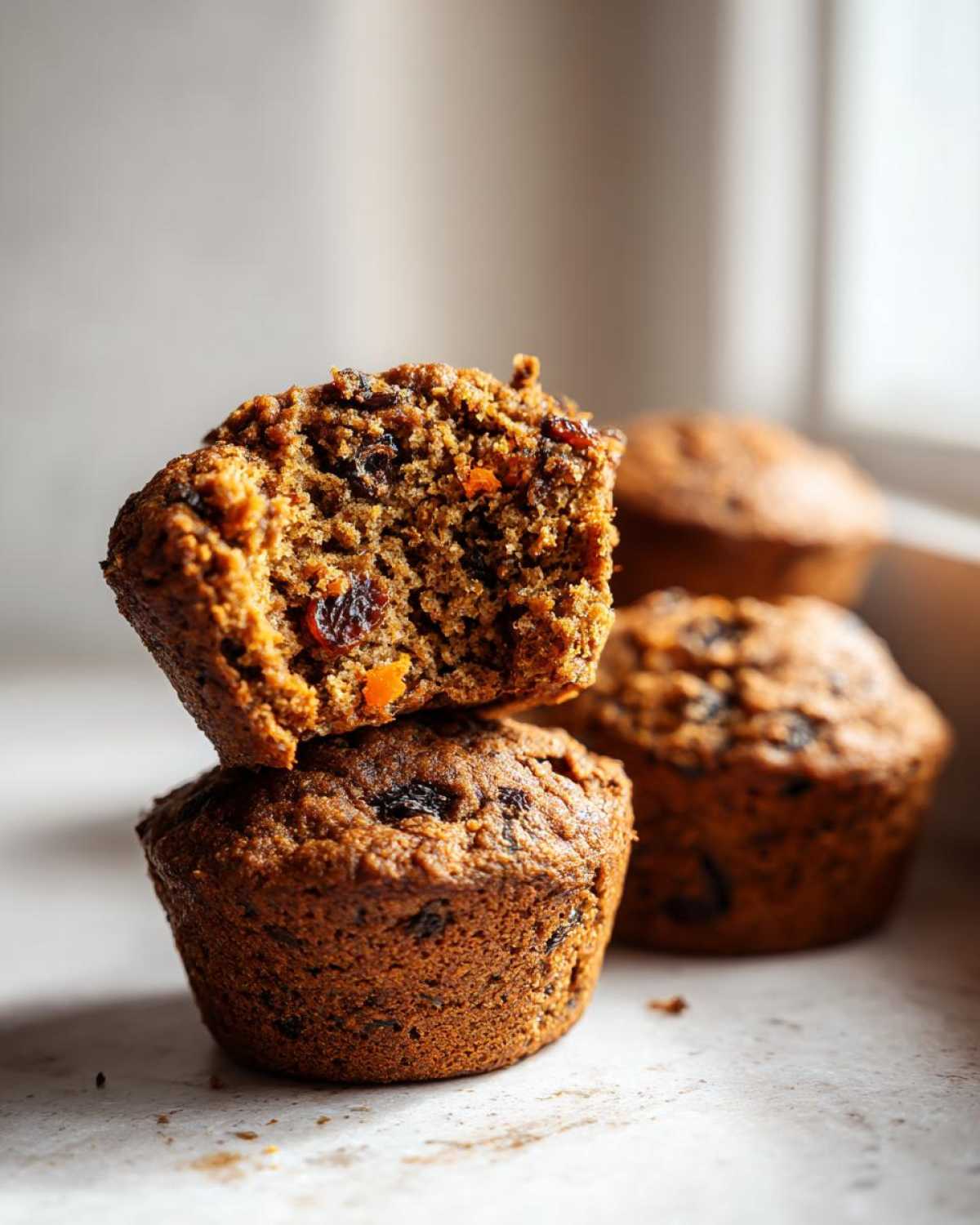 A stack of two moist bran muffins, with the top one broken open to show the texture and dried fruit inside.