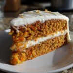 A perfect slice of moist carrot cake recipe showing two layers of spiced cake and cream cheese frosting.