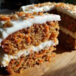 Close-up of a moist slice of carrot cake recipe showing visible shredded carrots and thick cream cheese frosting.