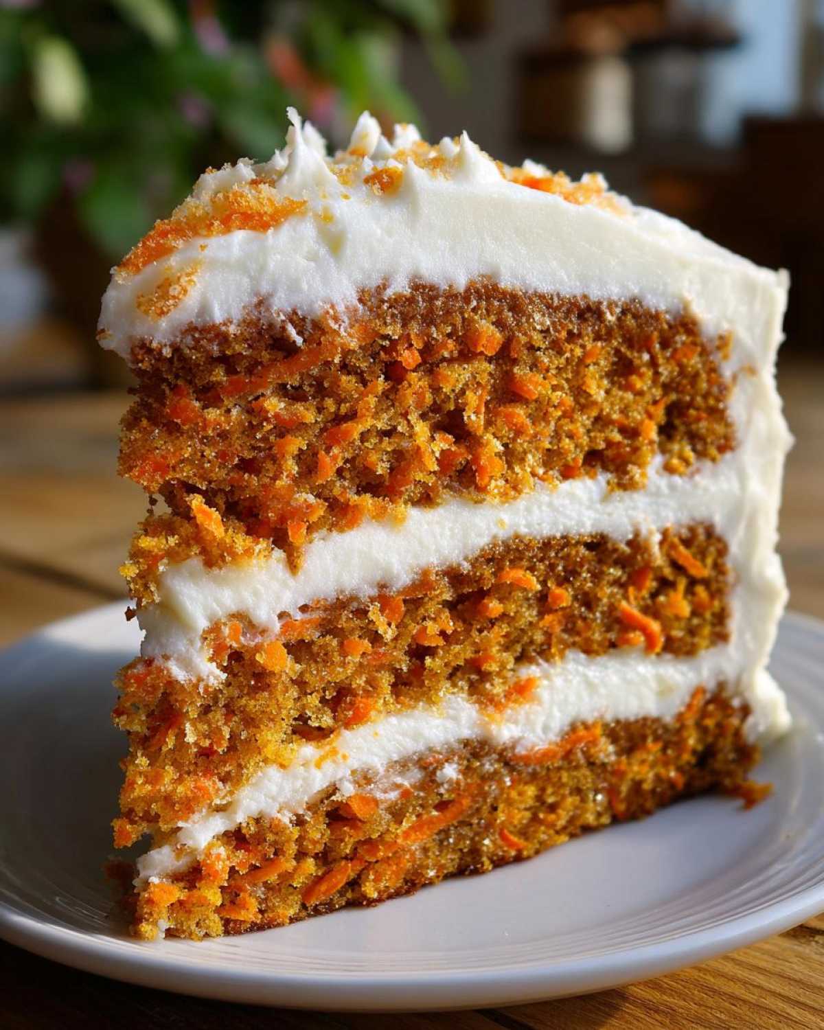 Close-up of a tall, moist slice of carrot cake recipe showing two layers of cake packed with shredded carrots and cream cheese frosting.