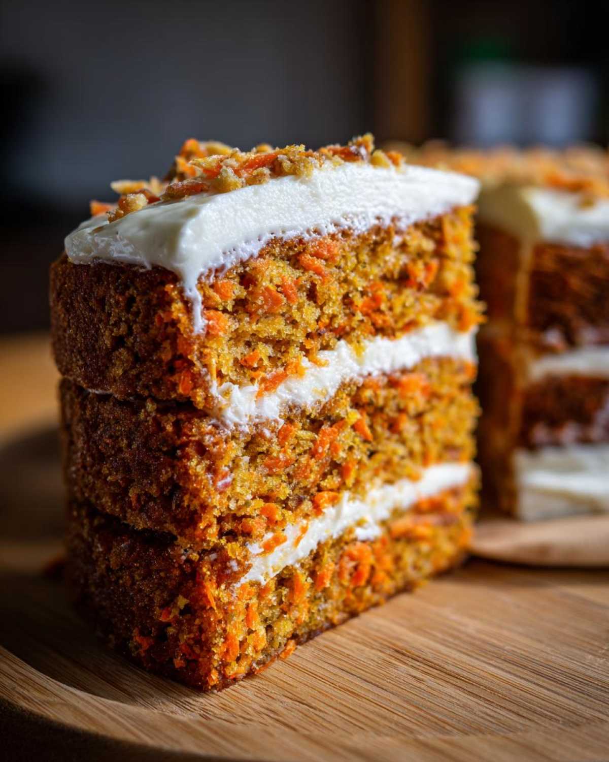 Close-up of a thick slice of moist carrot cake recipe with three layers and cream cheese frosting.