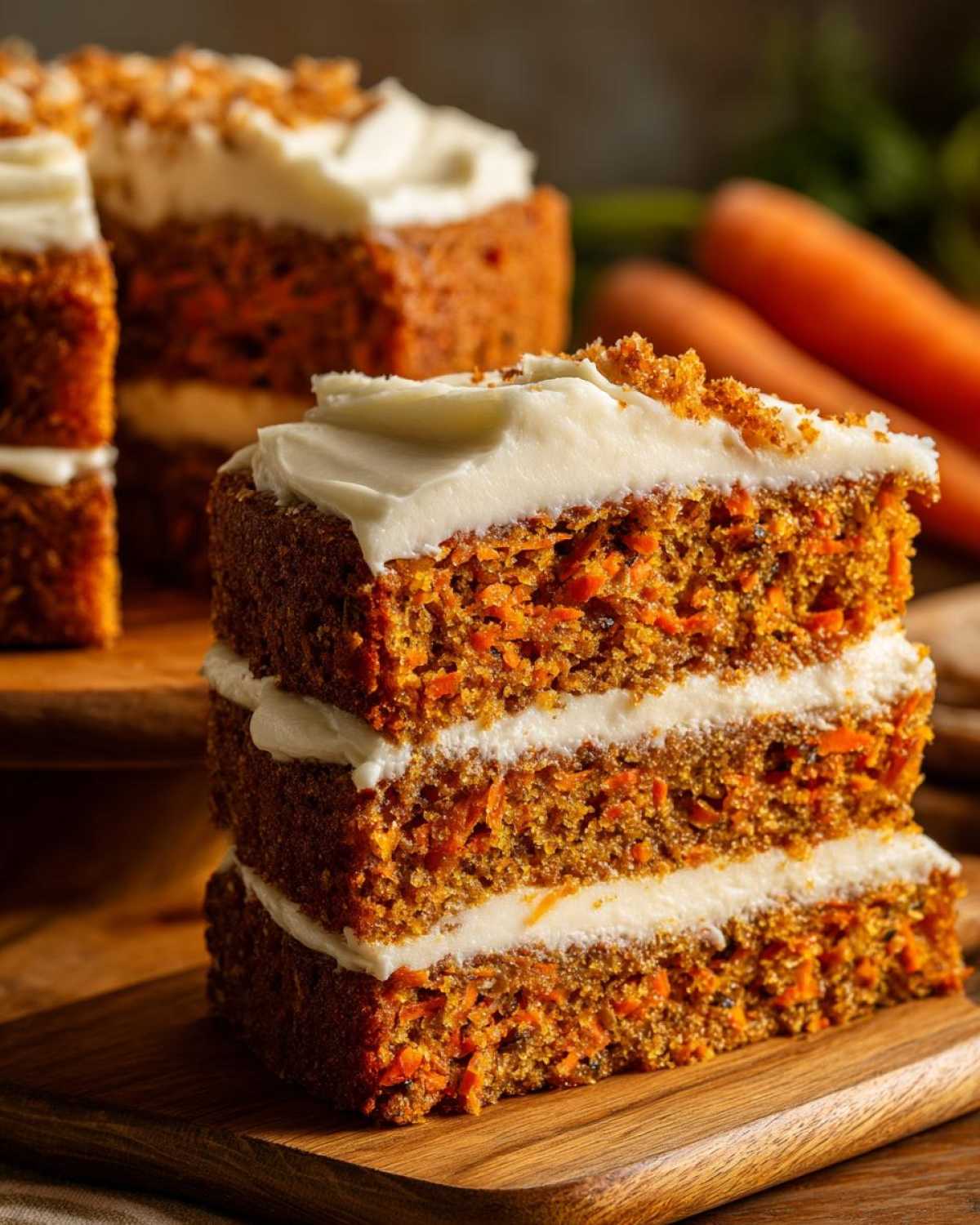 Close-up of a tall slice of moist carrot cake recipe with three layers and cream cheese frosting.