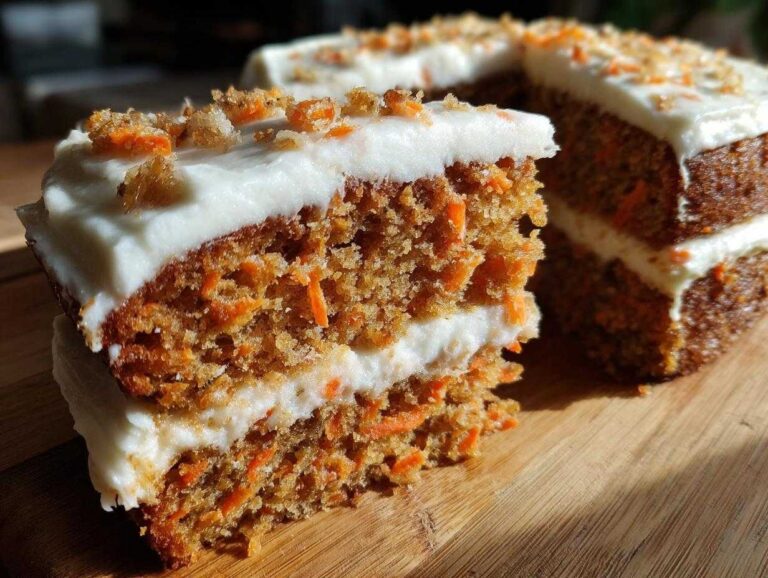 Close-up of a moist slice of carrot cake recipe showing visible shredded carrots and thick cream cheese frosting.