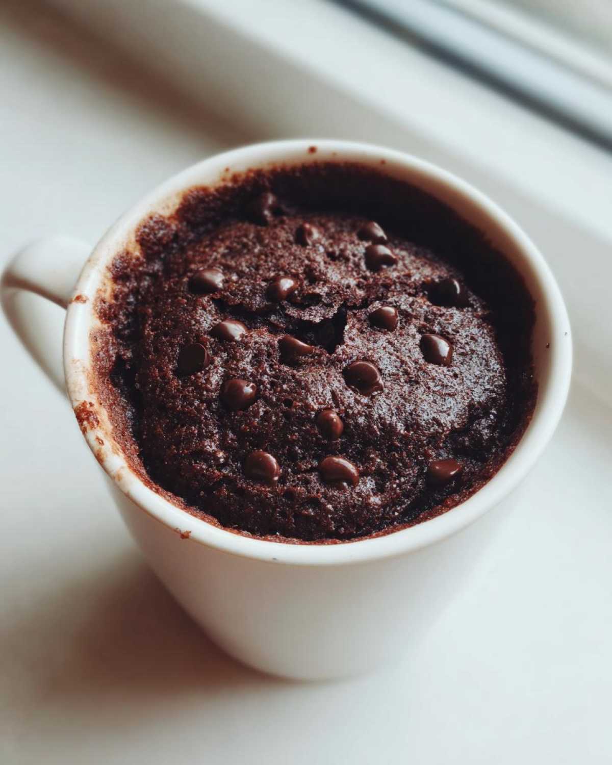 Close-up of a freshly baked, moist chocolate chip mug cake inside a white mug.