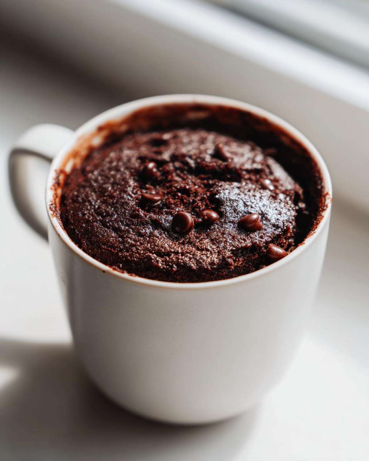 Close-up of a moist chocolate mug cake topped with chocolate chips inside a white mug.