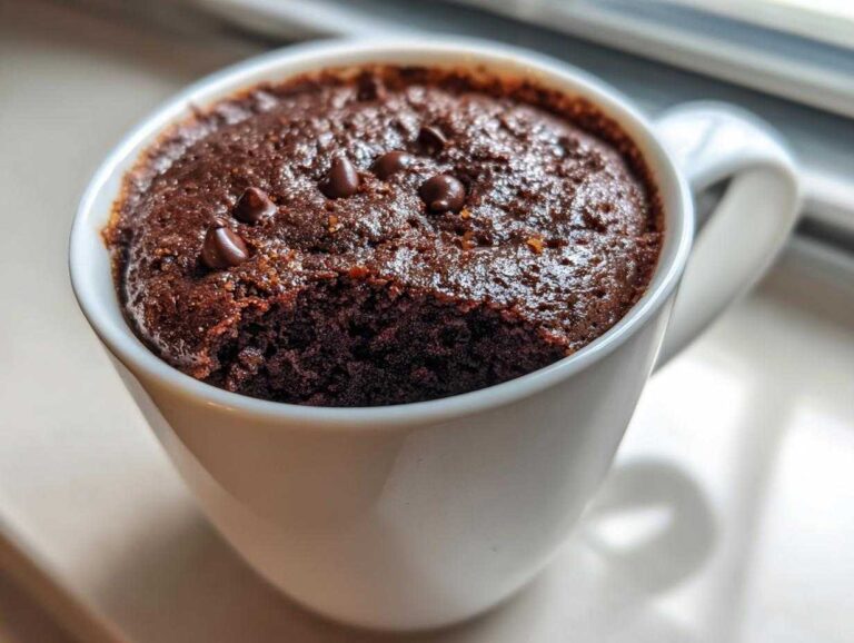 Close-up of a moist chocolate mug cake topped with chocolate chips, ready to eat.