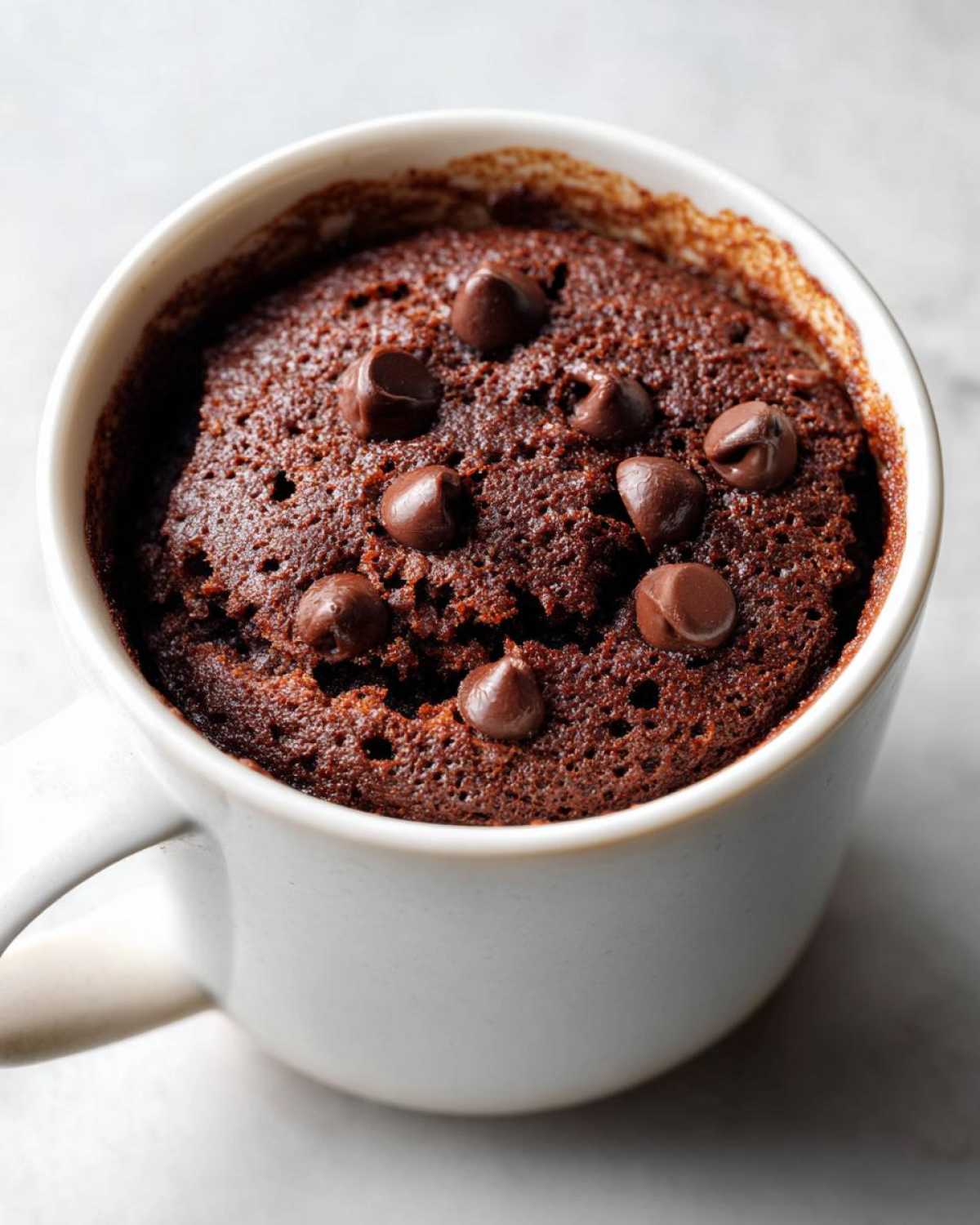 Close-up of a freshly baked, moist chocolate mug cake topped with melted chocolate chips.