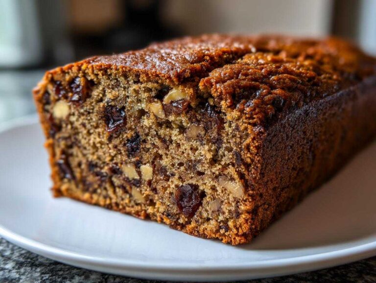 Close-up of a moist slice of date nut bread showing visible pieces of dates and walnuts throughout the crumb.