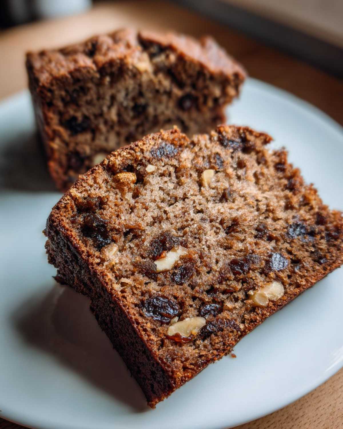 Close-up of a moist slice of date nut bread showing raisins and walnuts baked inside.