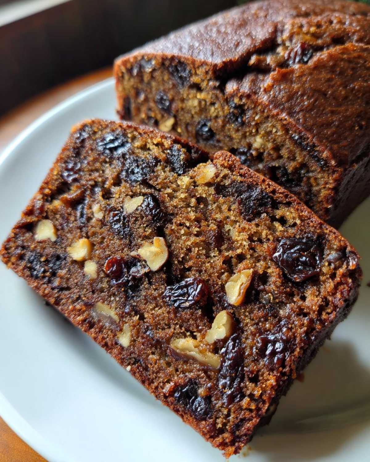 Close-up of two moist slices of date nut bread packed with dark raisins and light walnuts on a white plate.