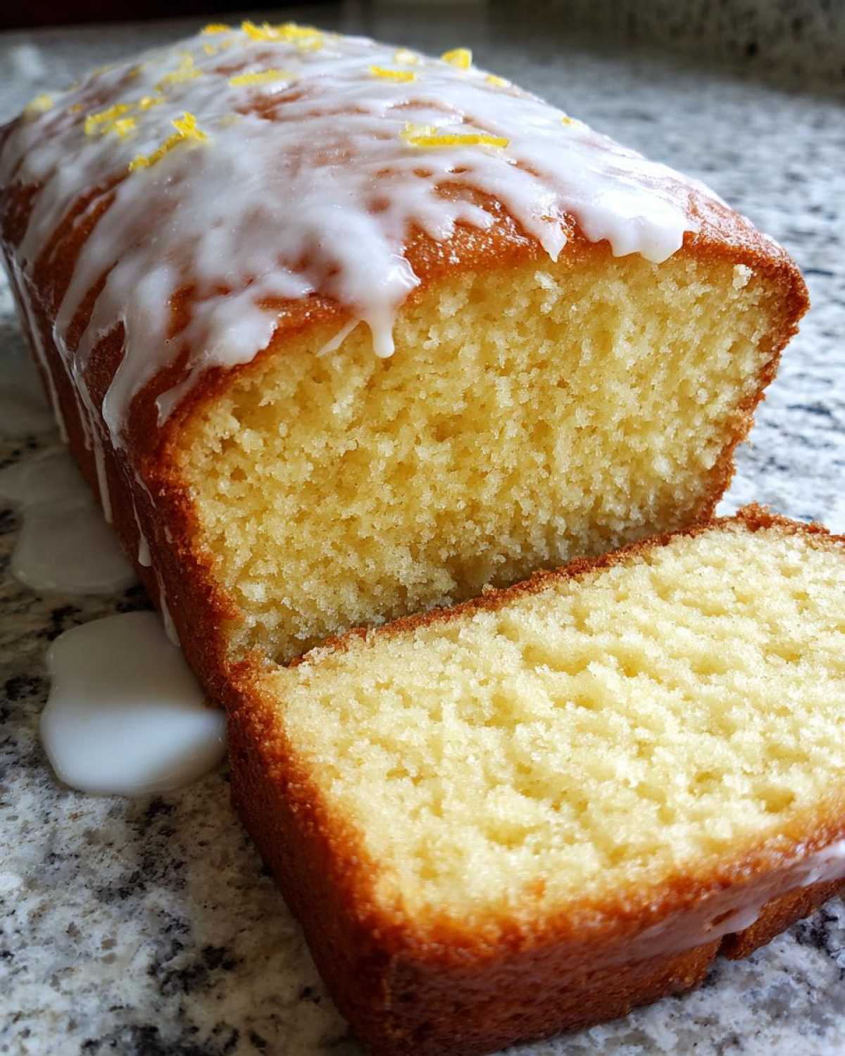 Close-up of a moist lemon pound cake loaf, sliced, showing the crumb texture and white glaze with lemon zest.
