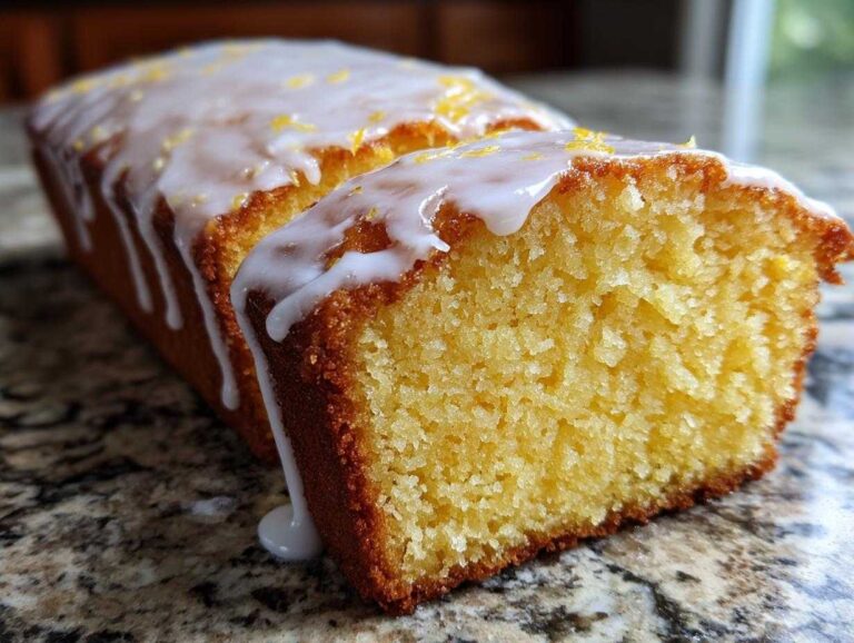 Close-up of a slice cut from a moist lemon pound cake topped with a thick, dripping white glaze and zest.
