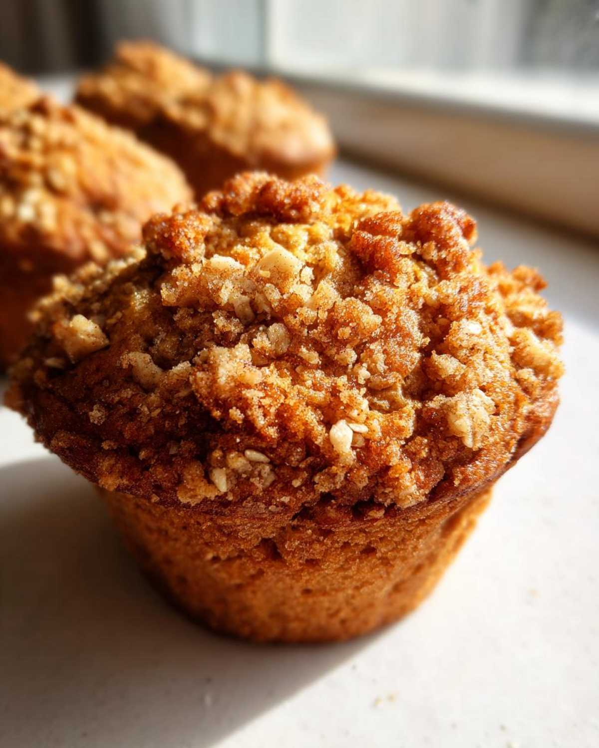 A close-up, sunlit photo of a moist oatmeal muffin featuring a thick, crunchy brown sugar and nut crumb topping.