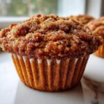 Close-up of a moist oatmeal muffin featuring a thick, sugary cinnamon crumb topping.