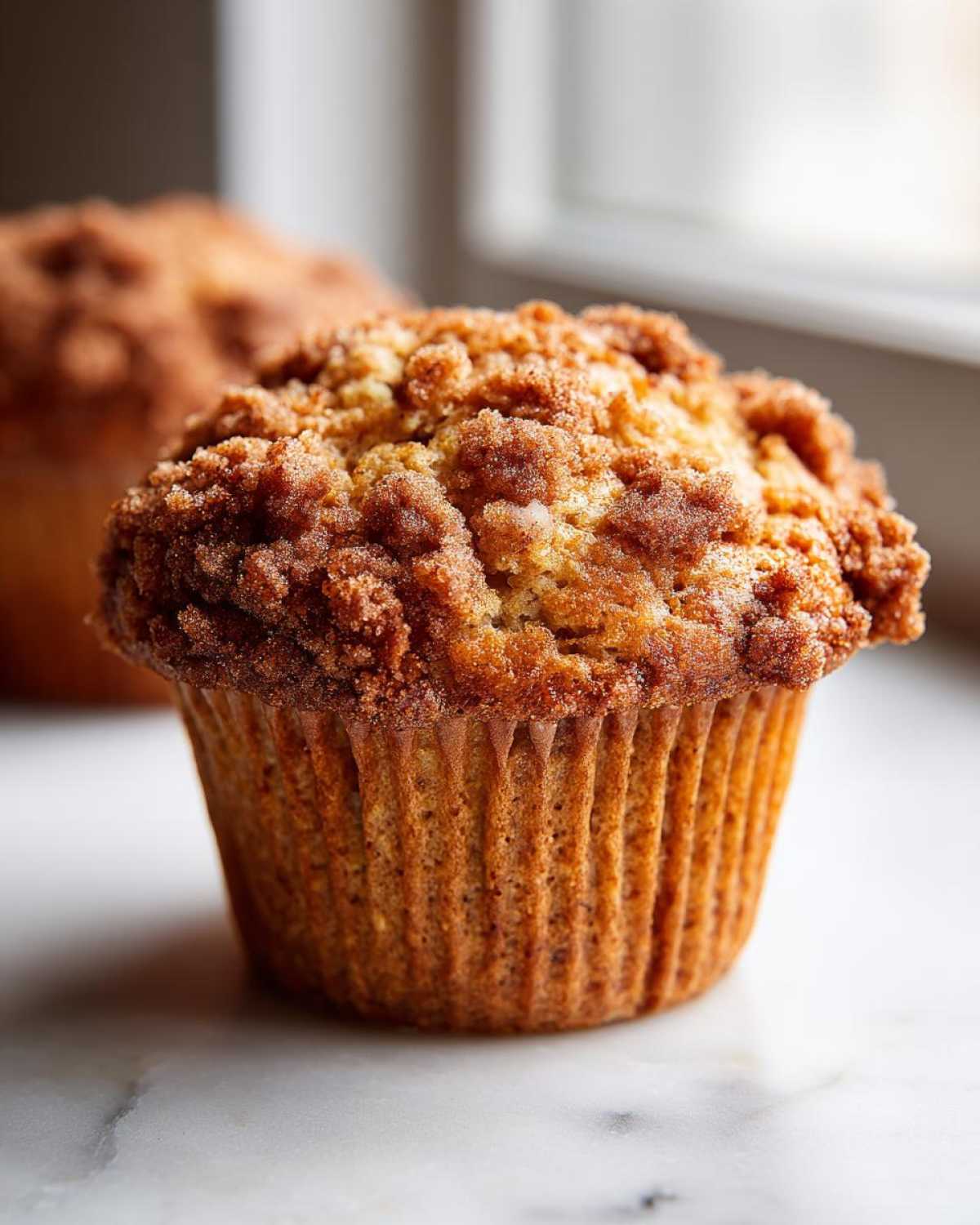 A close-up of a single, perfectly baked oatmeal muffin featuring a rich, brown cinnamon streusel topping.