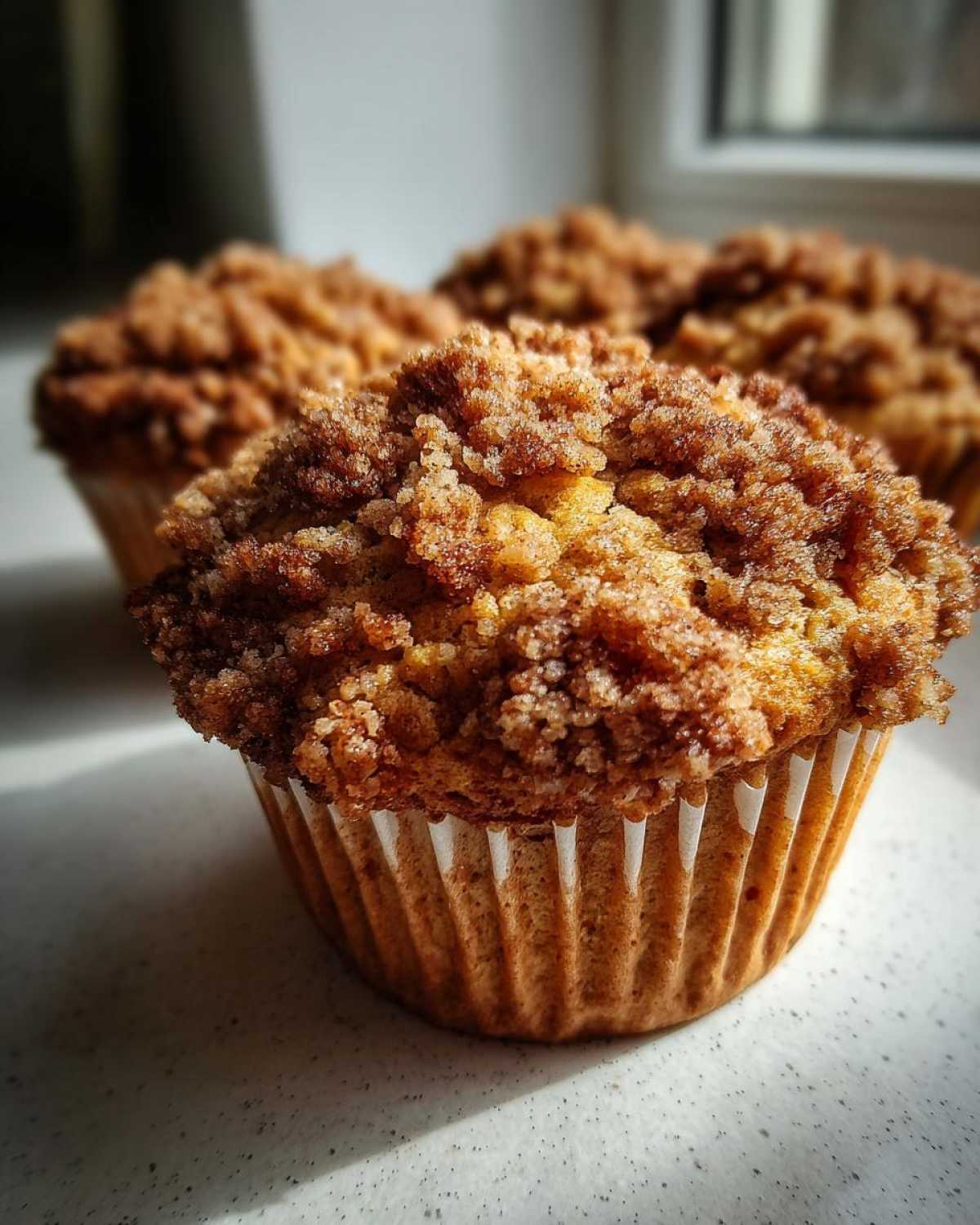 Close-up of a moist oatmeal muffin featuring a generous, sugary cinnamon crumb topping.