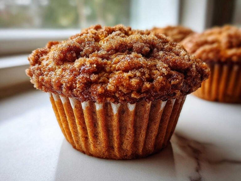 Close-up of a moist oatmeal muffin featuring a thick, sugary cinnamon crumb topping.