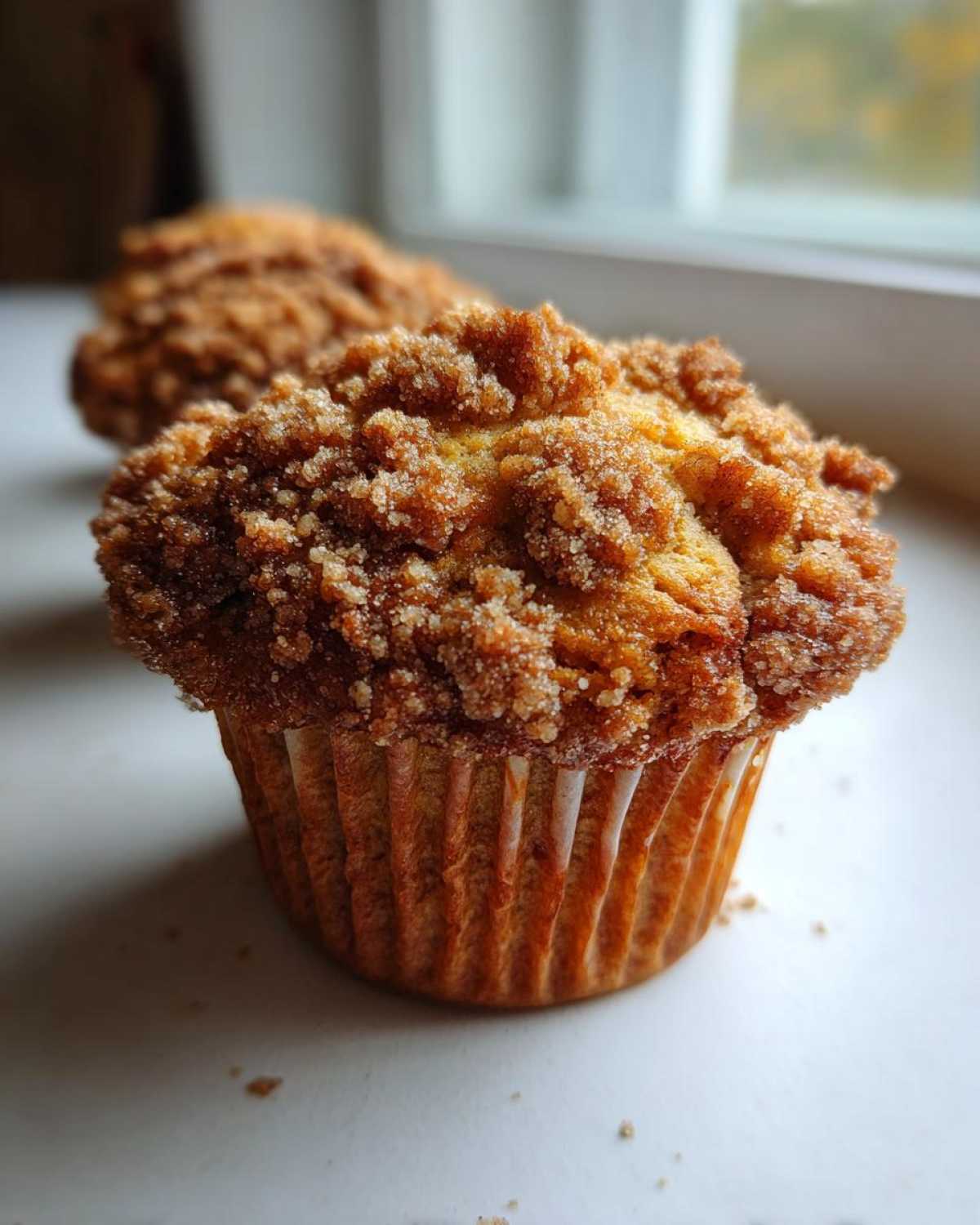 Close-up of a moist oatmeal muffin featuring a thick, sugary cinnamon crumb topping.