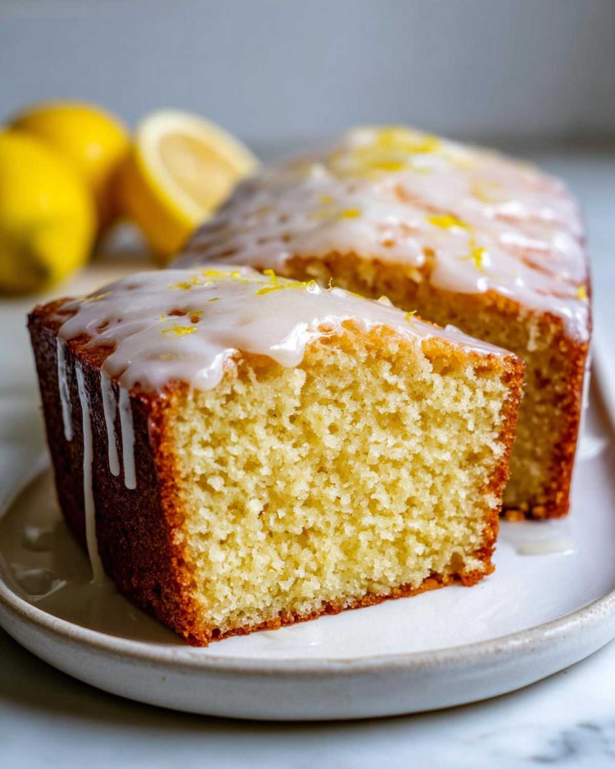 Close-up of a moist slice of lemon olive oil cake topped with white glaze and zest, with the rest of the loaf behind it.