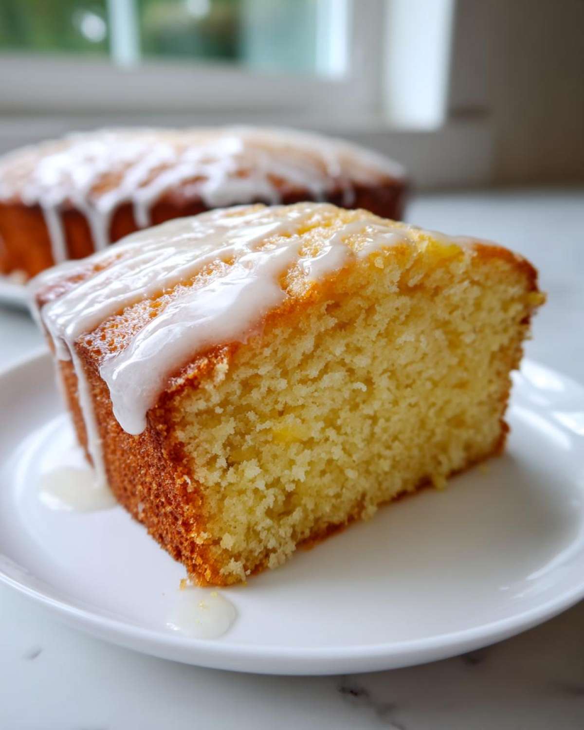 A close-up of a moist slice of olive oil cake topped with a thick white lemon glaze, sitting on a white plate.