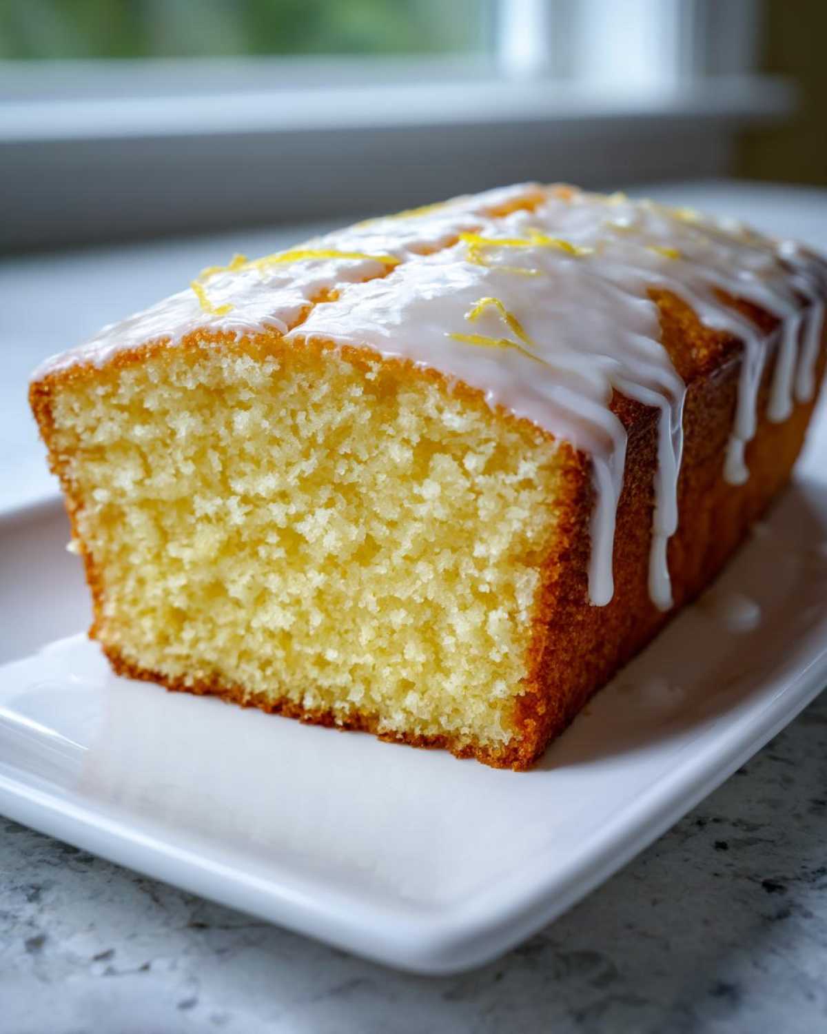 Close-up of a slice of moist olive oil cake topped with white lemon glaze and zest.