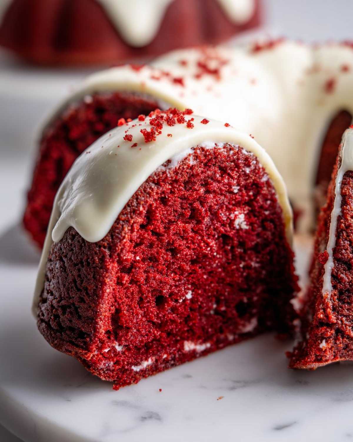 Close-up of a slice of moist red velvet bundt cake topped with white glaze and red sprinkles.