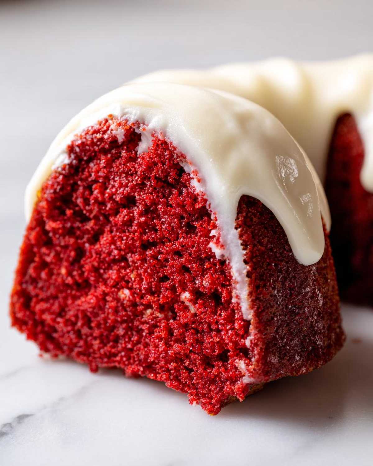 Close-up of a moist slice of red velvet bundt cake topped with thick white cream cheese glaze.