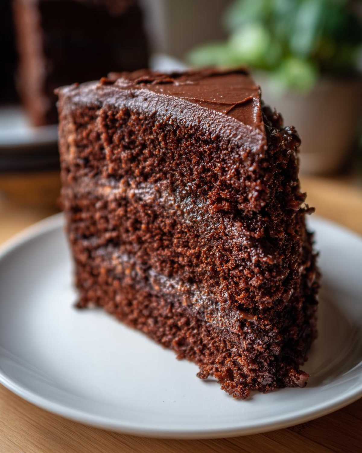 Close-up of a rich, dark slice of german chocolate cake recipe with thick chocolate frosting.