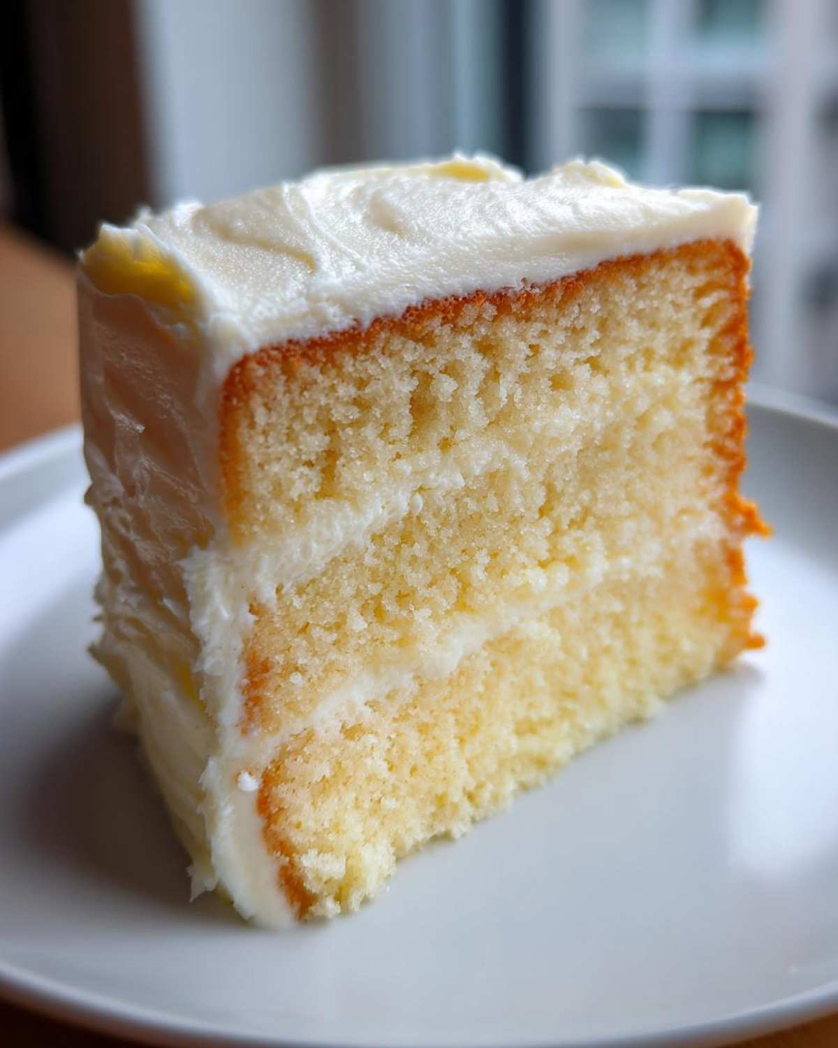 Close-up of a moist slice of two-layer vanilla cake recipe with thick white frosting.