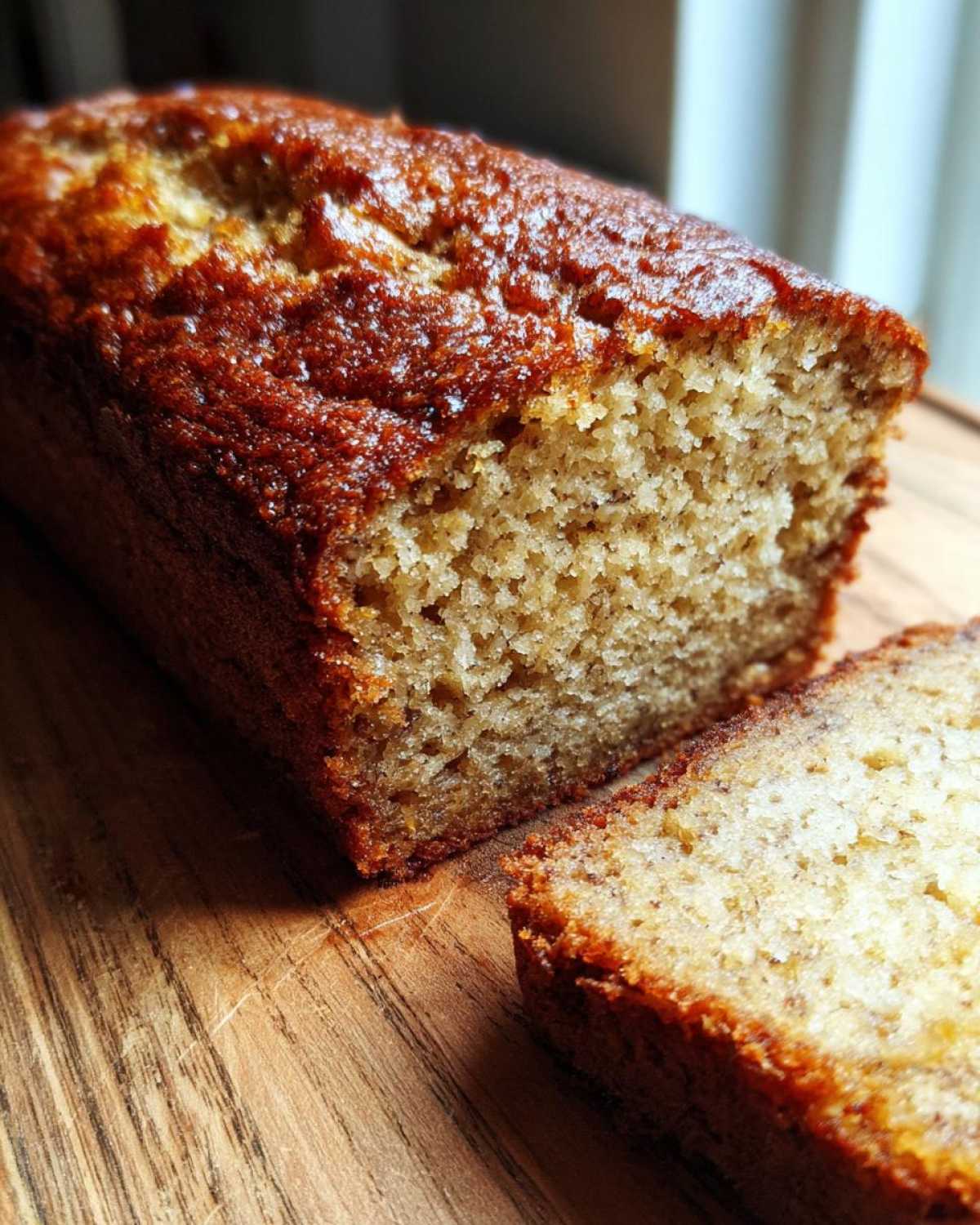 Close-up of a freshly baked, moist loaf of sugar free banana bread with one slice cut next to it on a wooden board.