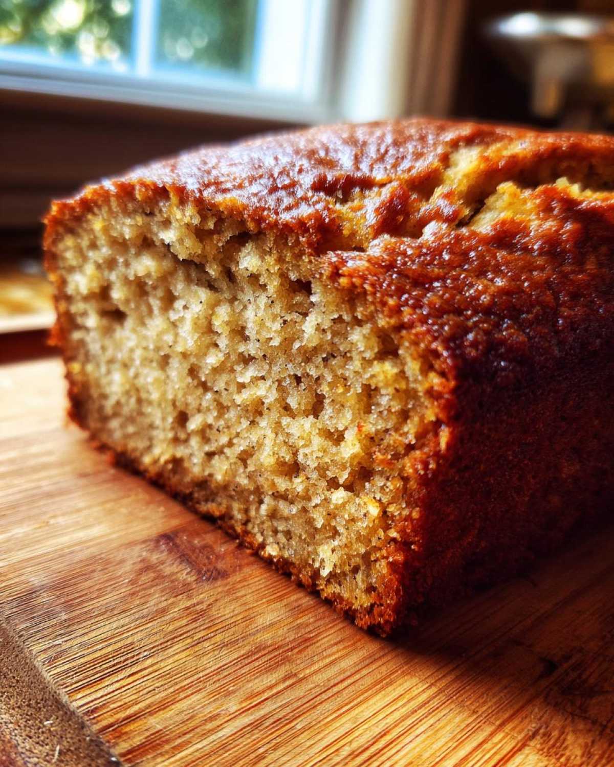 Close-up of a moist slice of freshly baked sugar free banana bread on a wooden cutting board.
