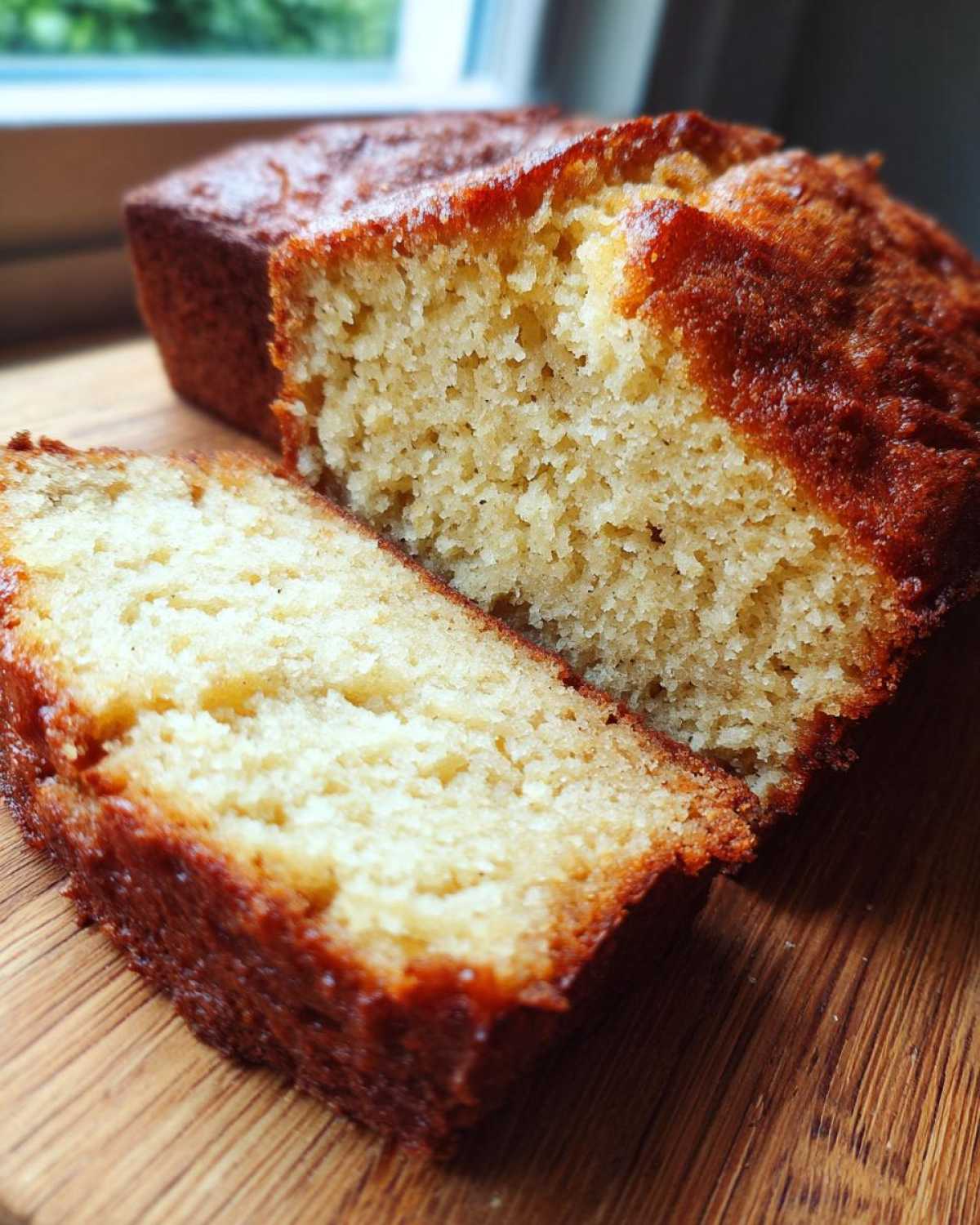 Close-up of a moist slice cut from a loaf of sugar free banana bread on a wooden board.