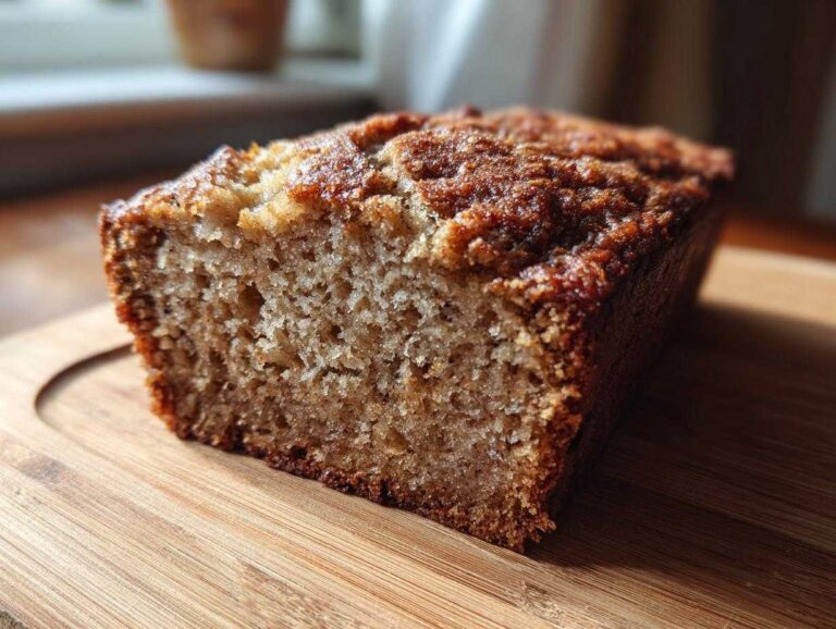 Close-up of a moist slice of sugar free banana bread showing the crumb texture and caramelized top.