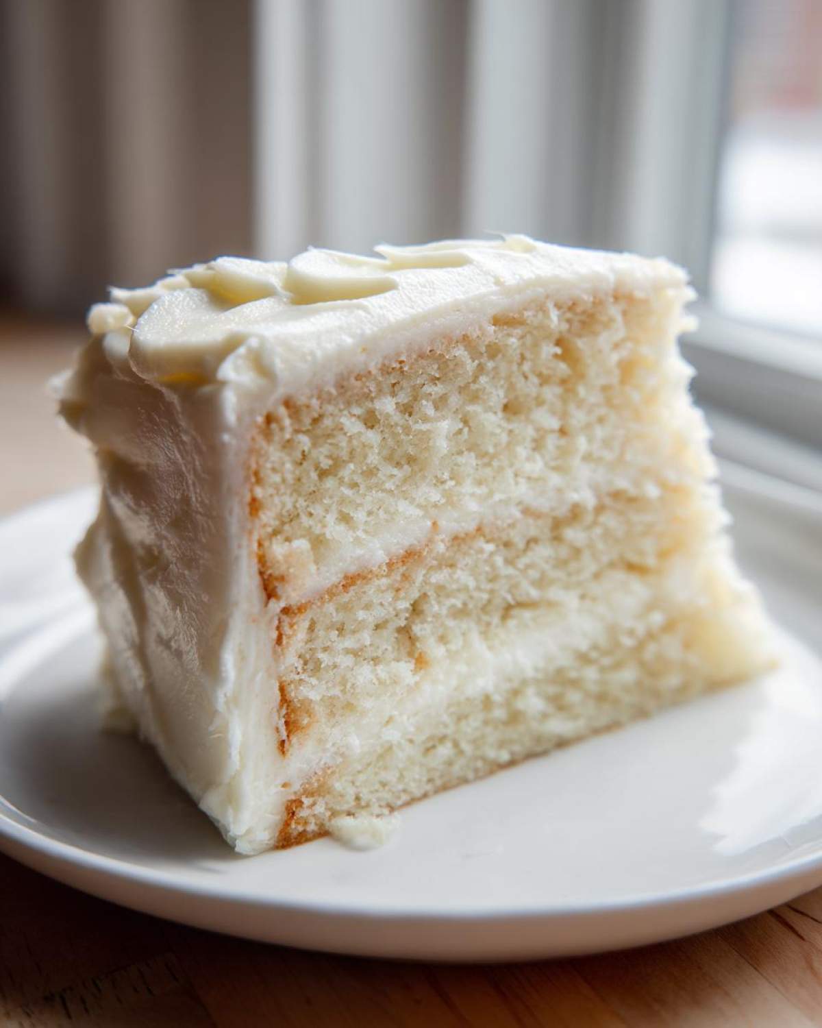 Close-up of a moist, two-layer slice of vanilla cake with white frosting on a white plate.