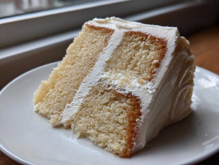 Close-up of a moist slice of layered vanilla cake recipe with white frosting on a white plate.
