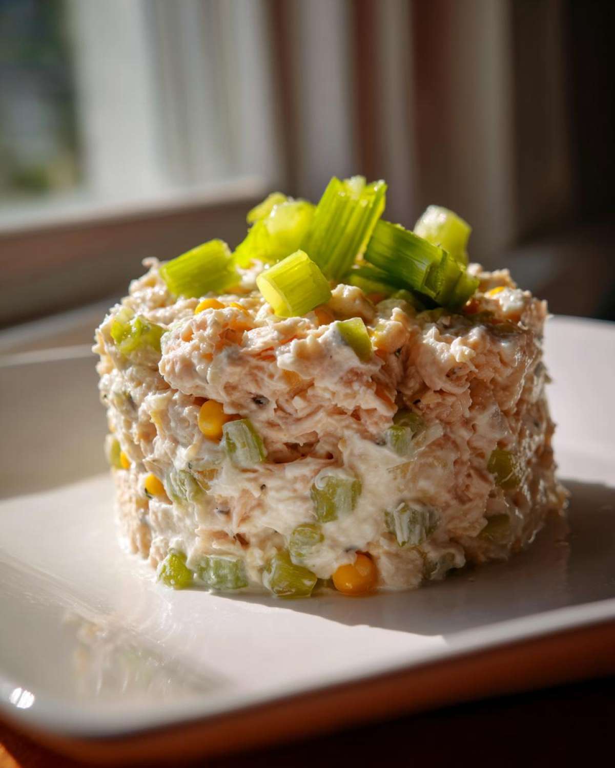 A molded serving of creamy ham salad recipe mixed with celery and corn, topped with fresh celery pieces.