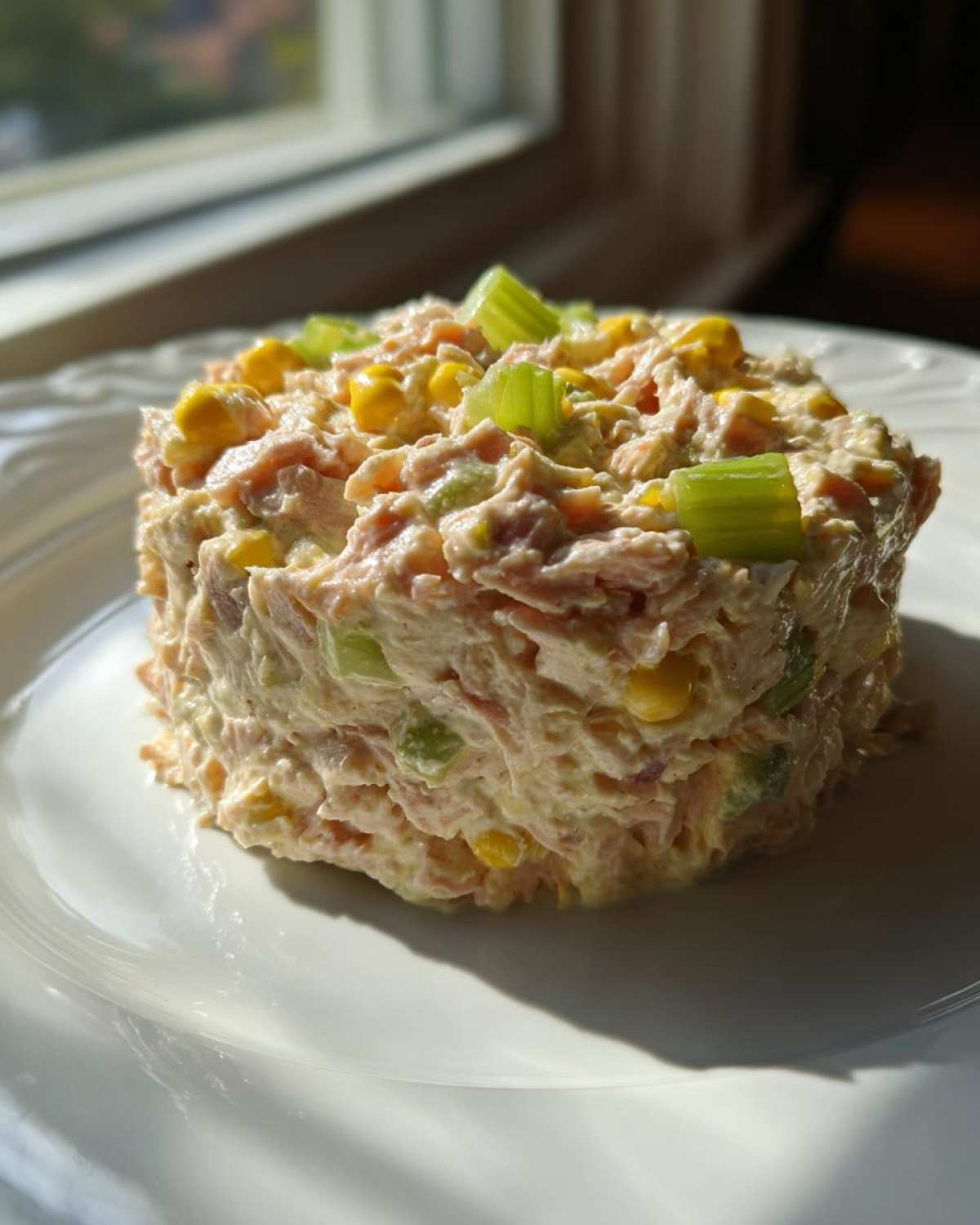 A molded serving of creamy ham salad recipe mixed with corn and topped with celery chunks.