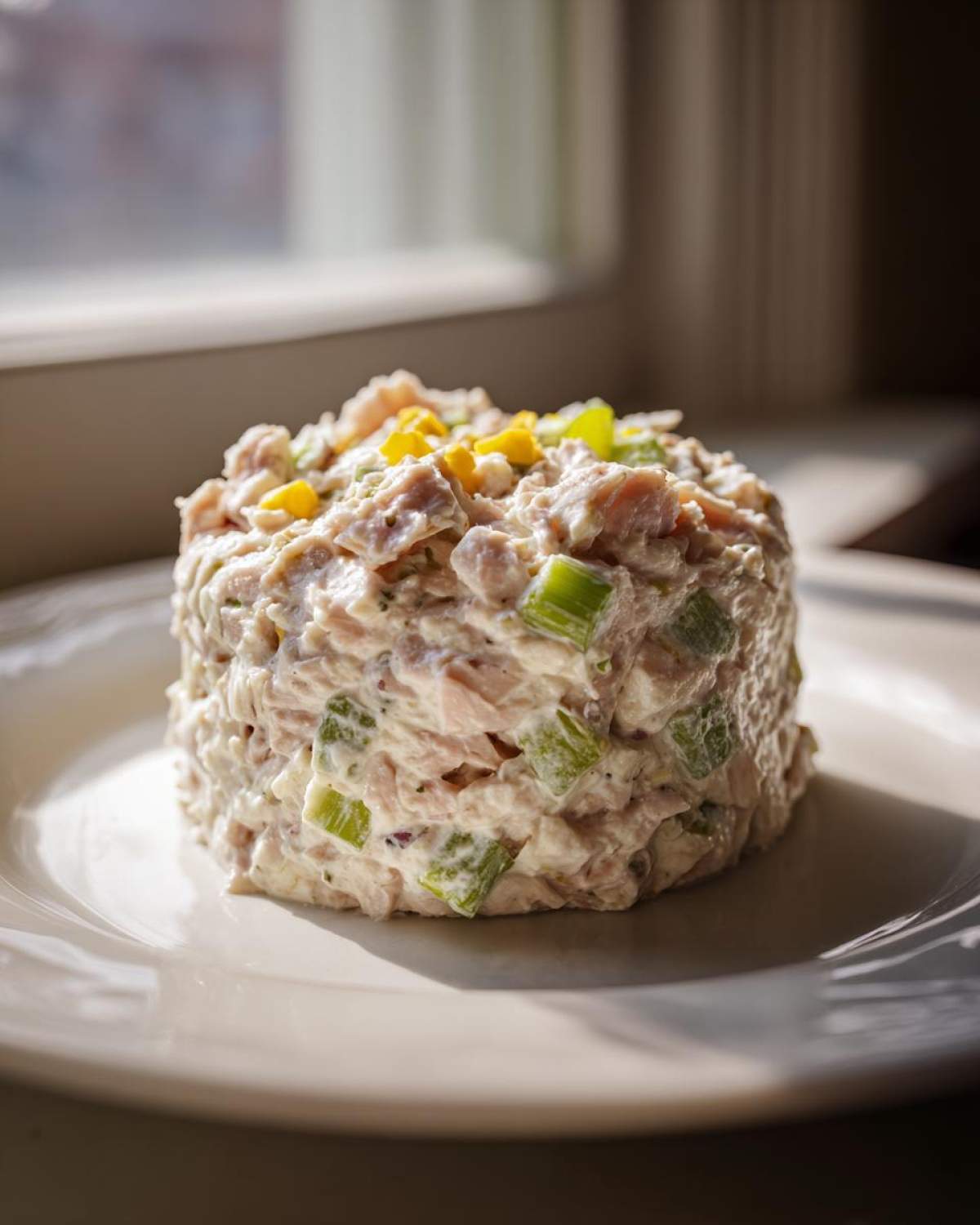 A molded serving of creamy ham salad recipe with visible chunks of ham, celery, and yellow garnish on a white plate.
