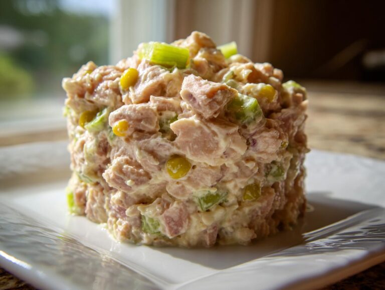A molded serving of creamy ham salad recipe with visible chunks of ham, celery, and yellow relish.