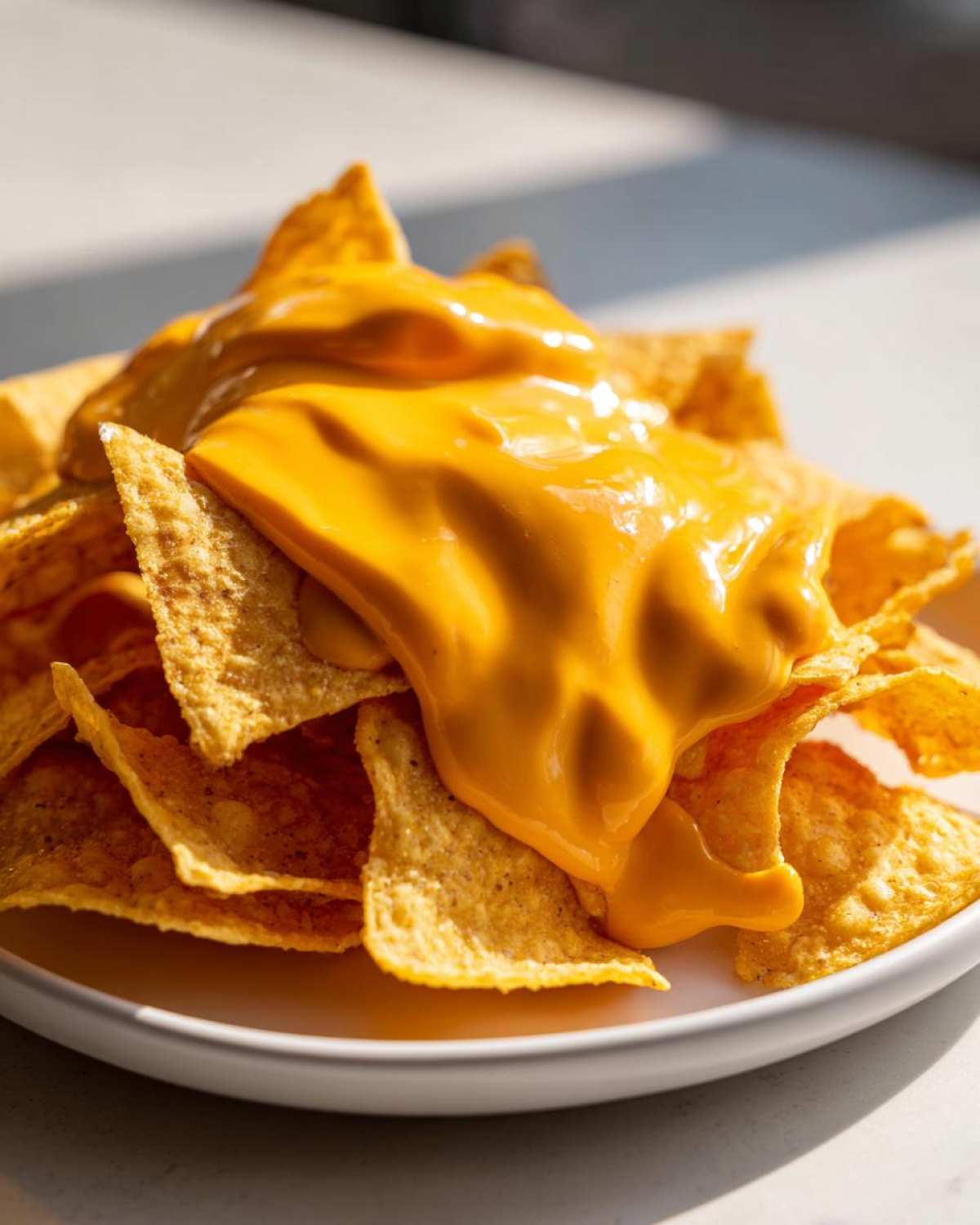 Close-up of crispy tortilla chips generously covered with smooth, bright orange nacho cheese sauce.