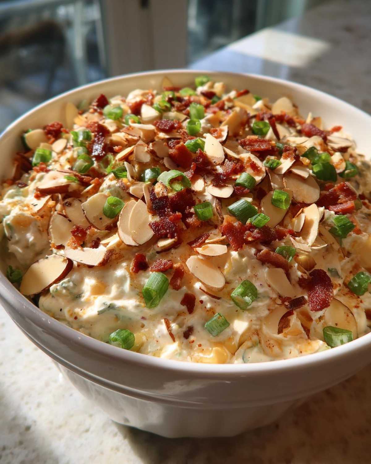 Close-up of creamy Neiman Marcus Dip in a white bowl, topped generously with bacon bits, sliced almonds, and green onions.