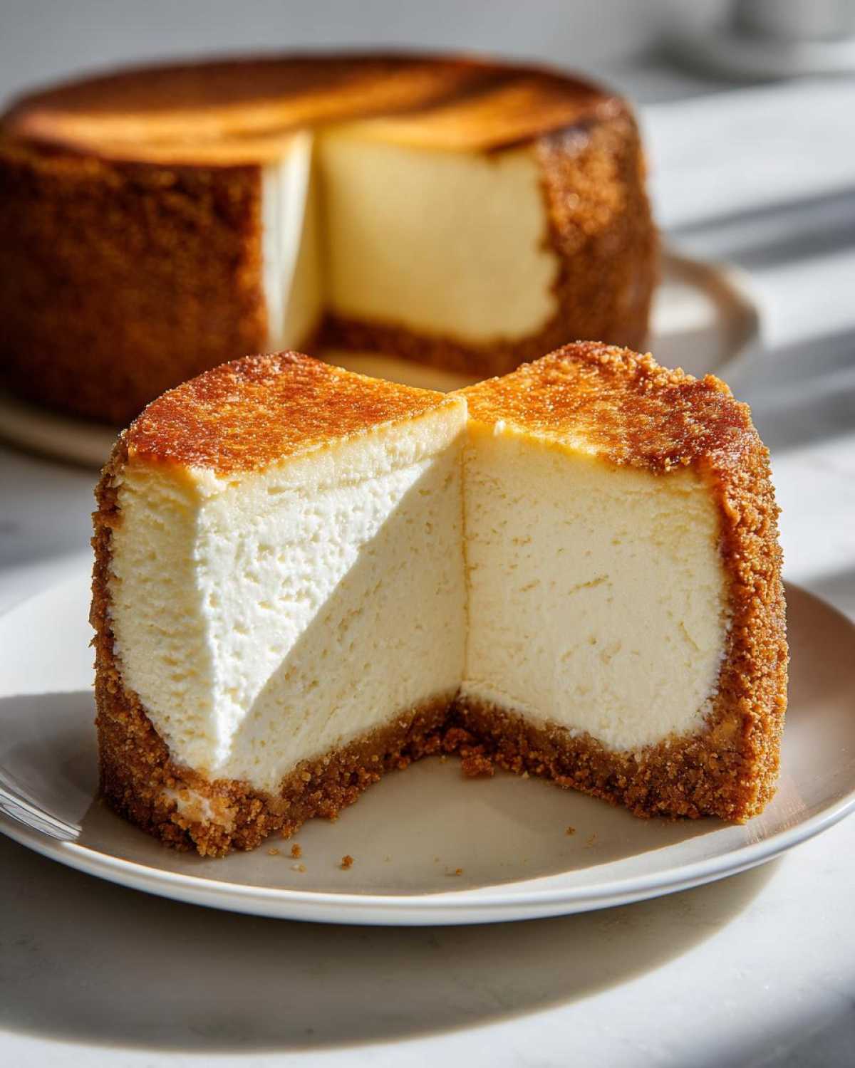 A thick slice of creamy new york cheesecake with a golden-brown graham cracker crust, cut in half.