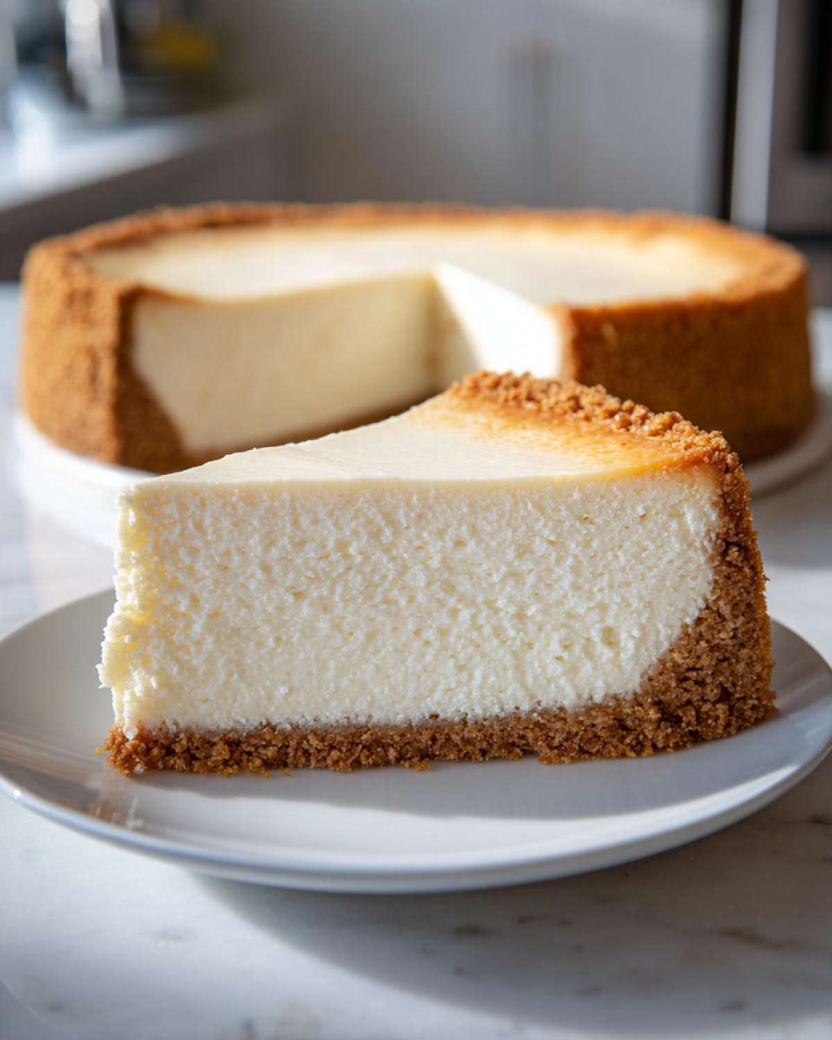 A thick, creamy slice of new york cheesecake with a graham cracker crust sits on a white plate.