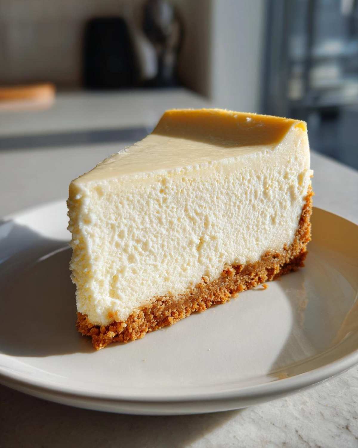 A close-up of a perfect slice of creamy new york cheesecake on a light plate, showing the thick graham cracker crust.